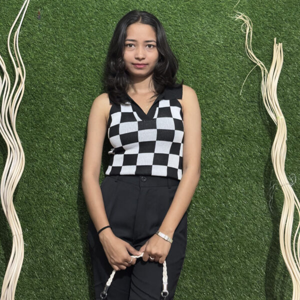 Women's Black and White Checkered Crop Top with Collar